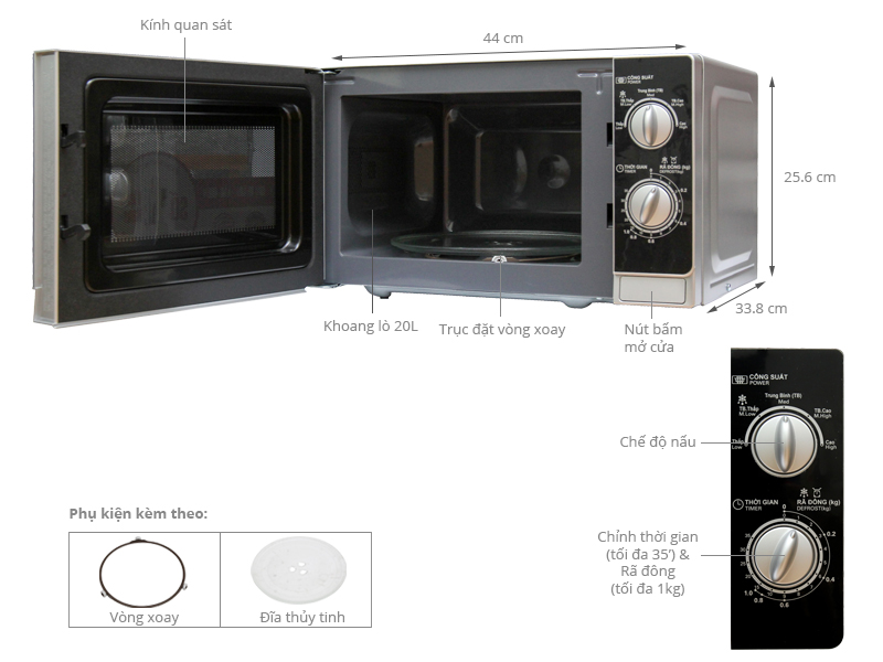 Kích thước Lò Vi Sóng Sharp 20 Lít R-203VN-M 