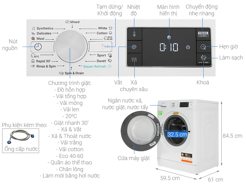 Máy giặt Whirlpool lồng ngang 8 kg inverter FFB8458WV EU 2022 giá rẻ