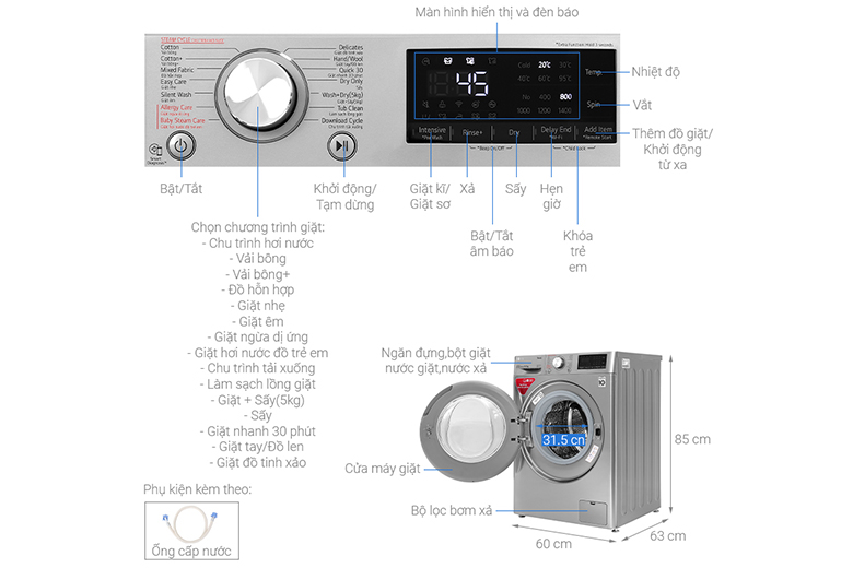 Máy giặt sấy LG AI DD 9 kg FV1409G4V lồng ngang