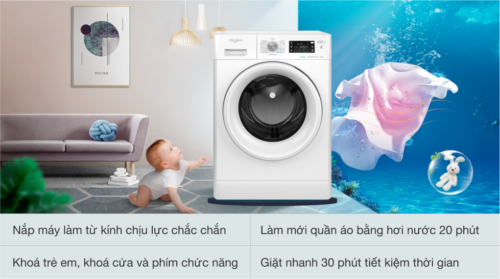 Máy giặt Whirlpool lồng ngang 9 kg inverter FFB9458WVEE 2022 giá rẻ