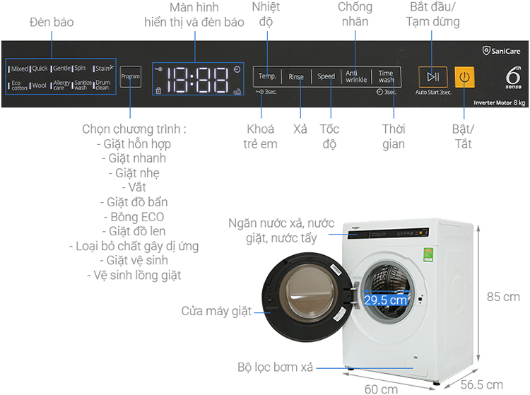 Máy giặt Whirlpool lồng ngang 8 kg inverter FWEB8002FW 2022 giá rẻ