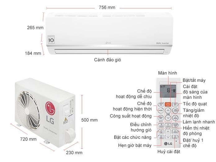 kích thước Máy lạnh LG Inverter 1 HP V10ENW