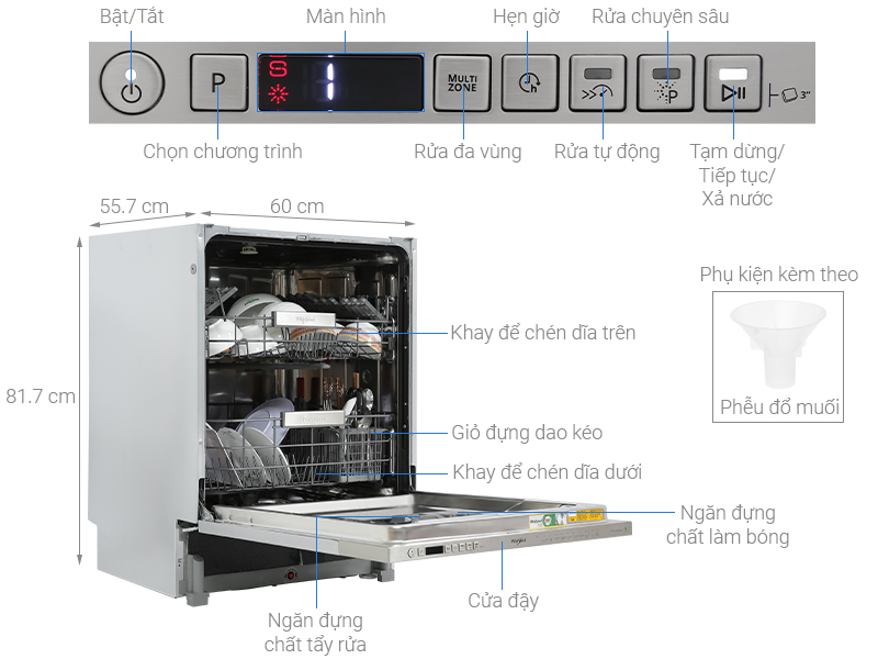 Máy rửa bát âm tủ Whirlpool WIO 3T133P 14 bộ 2022 giá rẻ