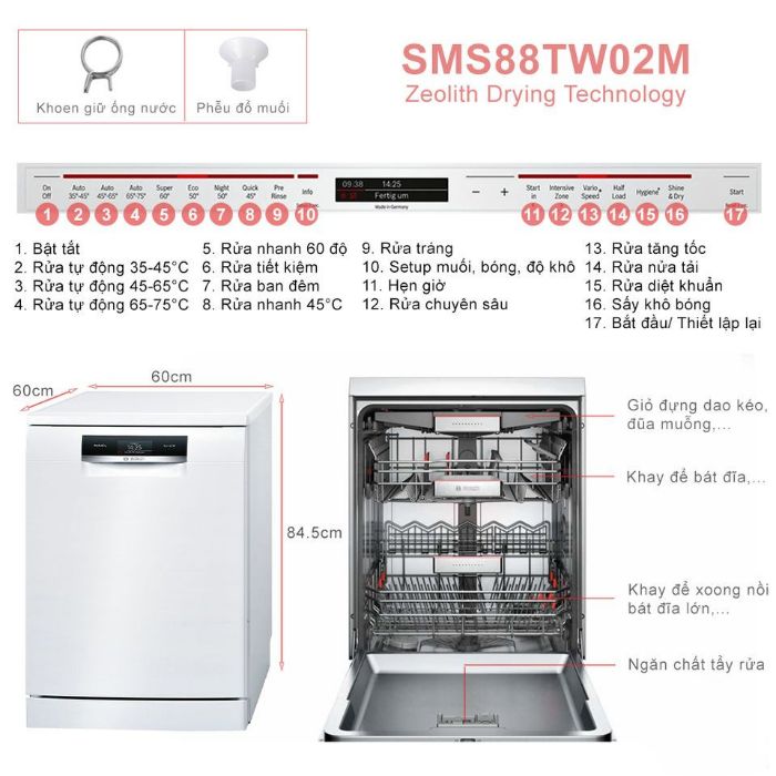 Máy rửa bát Bosch SMS88TW02M Dung Tích 14 Bộ series 8