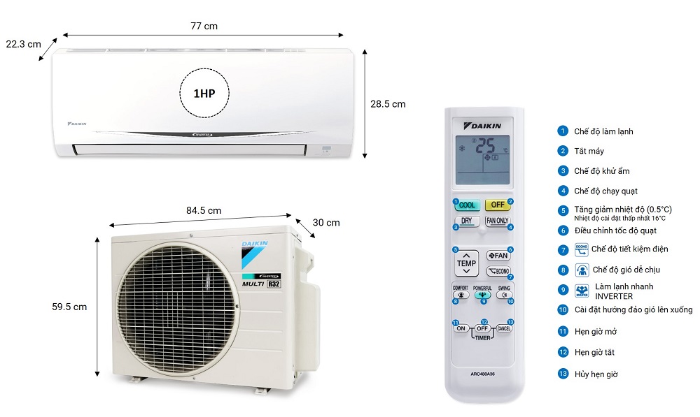 Combo 3 dàn lạnh điều hòa Daikin inverter Multi S - 1HP + 1HP + 1.5HP