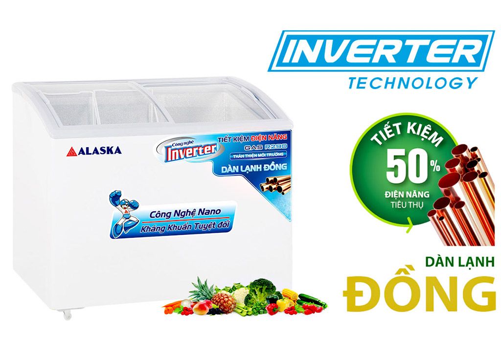 Tủ đông kính cong Alaska 2 cửa Inverter 210 Lít KC-210CI