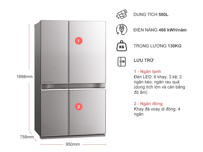 Tủ lạnh 4 cánh Mitsubishi Inverter 580 lít MR-L72EN (màu đen GBK-V, màu bạc GSL-V)