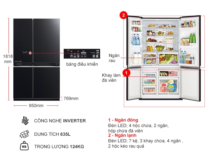 Tủ lạnh Mitsubishi 635L MR-LA78ER model 2022 4 cánh chính hãng giá rẻ