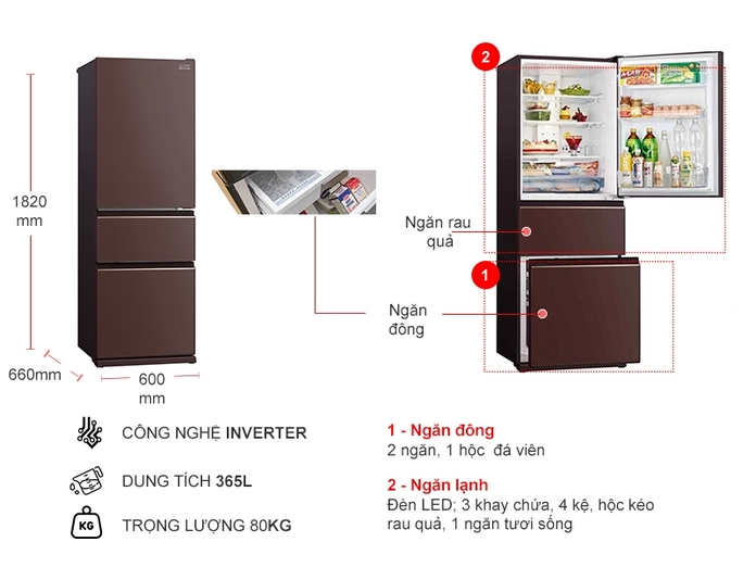 Tủ lạnh Mitsubishi Inverter 365 lít MR-CGX46EN (GBK-V màu đen và GBR-V màu nâu)