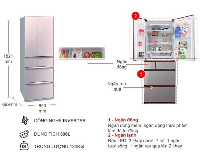 Tủ lạnh 6 cánh Mitsubishi Inverter 506 lít MR-WX52D (BR-V màu nâu và F-V màu vàng hồng)