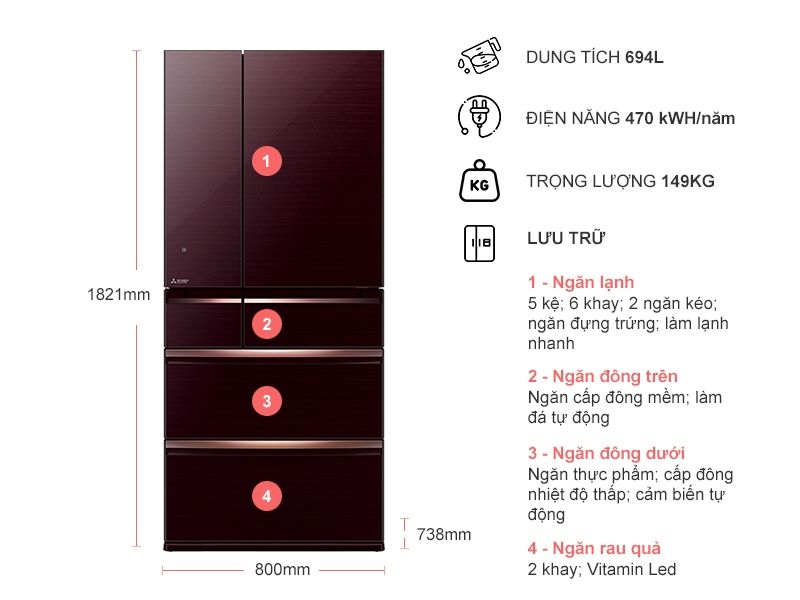 Tủ lạnh 6 cánh Mitsubishi Inverter 694 lít MR-WX70C (Nâu ánh kim BR-V, Vàng hồng ánh kim F-V)