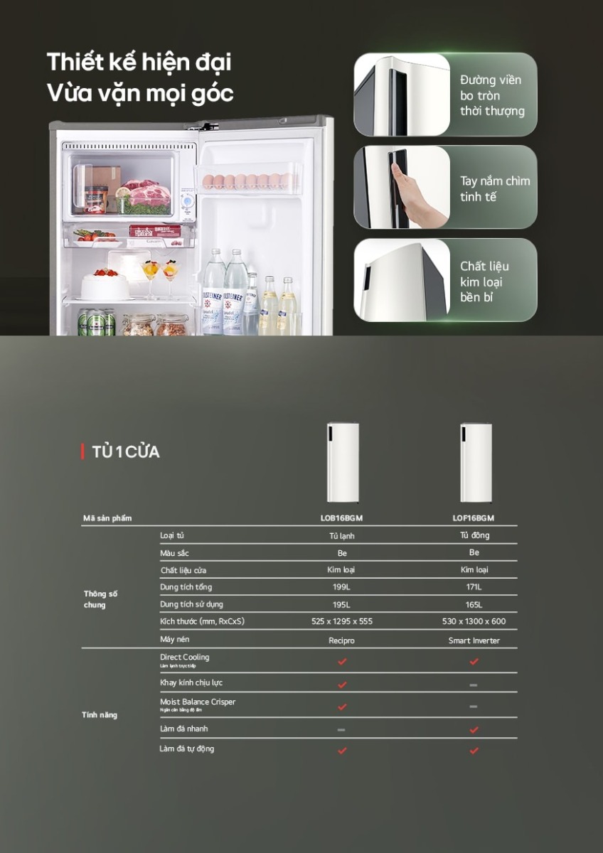 [Mới 2024] Tủ đông đứng 1 cửa LG inverter 171 lít LOF16BGM chính hãng, giá tốt