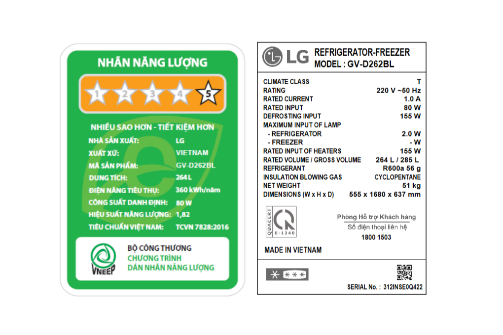 Tủ lạnh 2 cánh LG inverter 264 lít GV-D262BL giá tốt