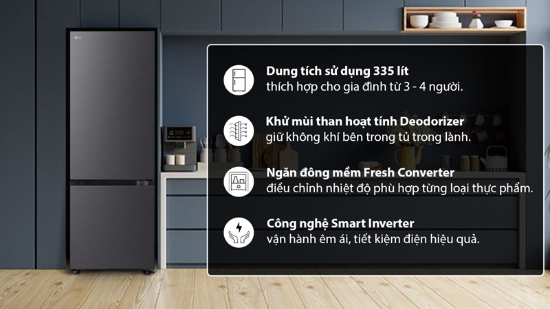 [2024] Tủ lạnh LG ngăn đá dưới inverter màu đen 335L LBB33BLM, chính hãng giá tốt