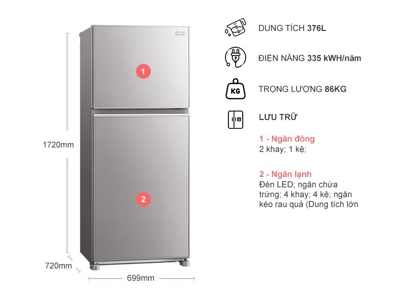 Tủ lạnh Mitsubishi 2 cánh inverter 376 lít MR-FX47EN chính hãng giá rẻ