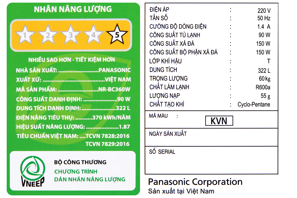 Tủ lạnh Panasonic 2 cánh inverter 322 lít NR-BC360WKVN giá rẻ tại Hà Nội