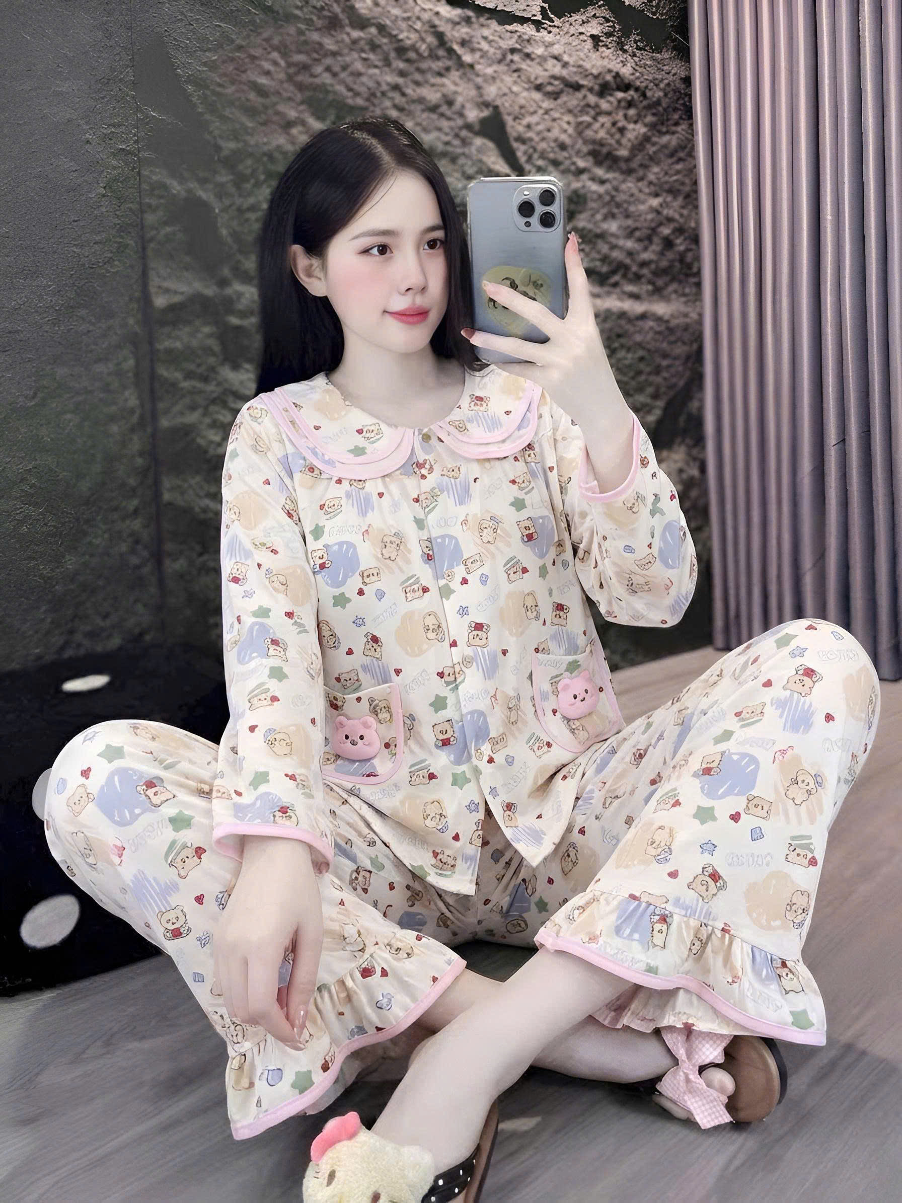 tay dài lụa đũi mềm gắn gấu