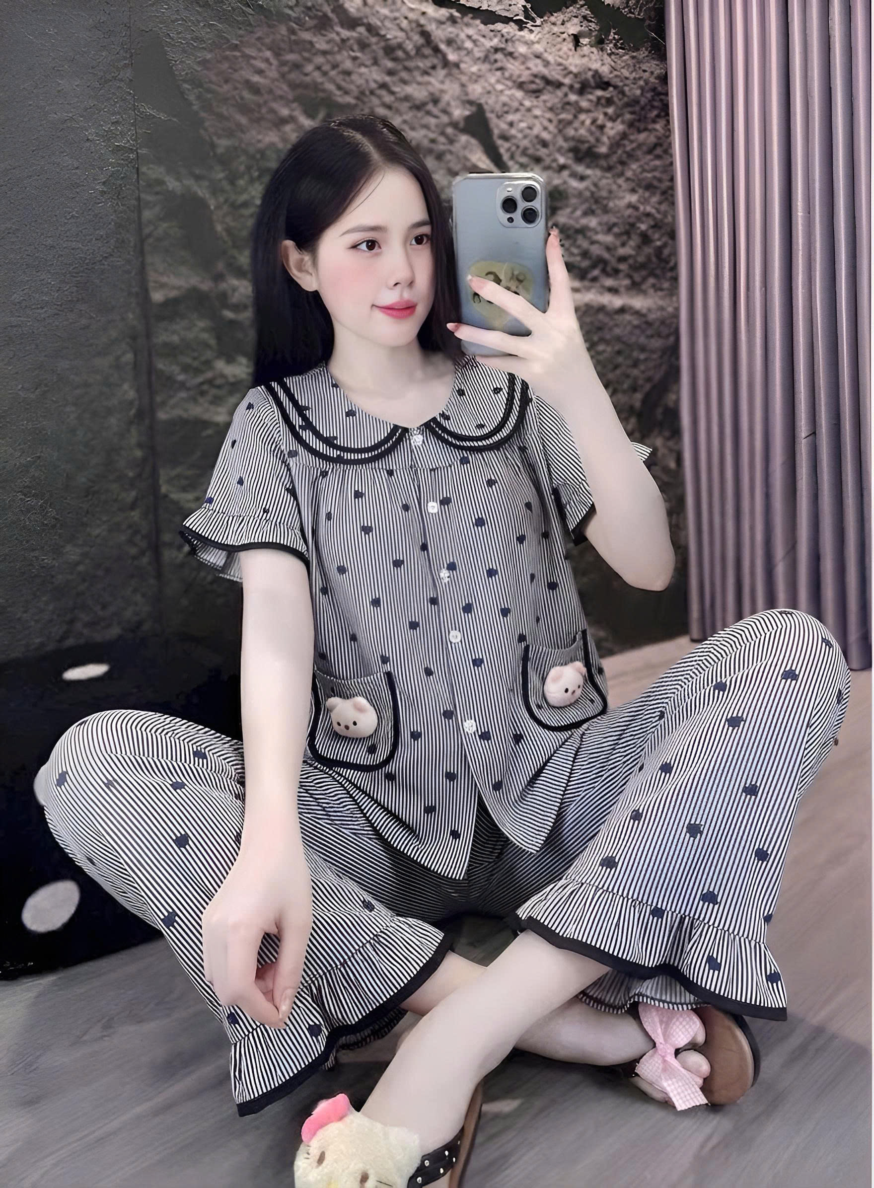 tay ngắn lụa đũi mềm gắn gấu