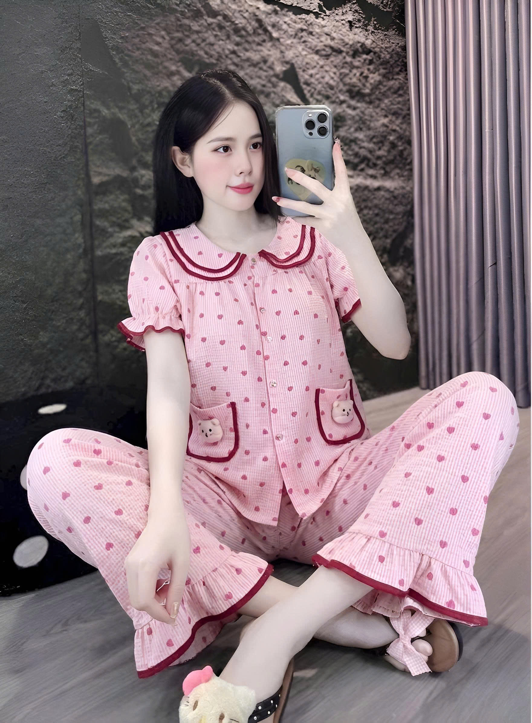 tay ngắn lụa đũi mềm gắn gấu