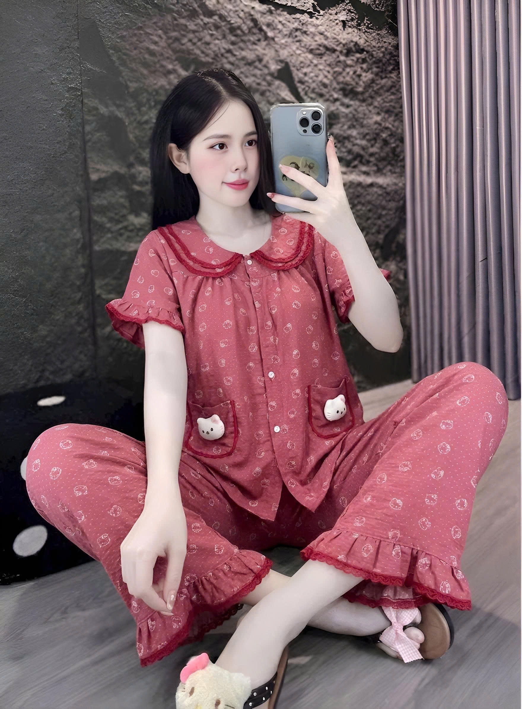 tay ngắn lụa đũi mềm gắn gấu