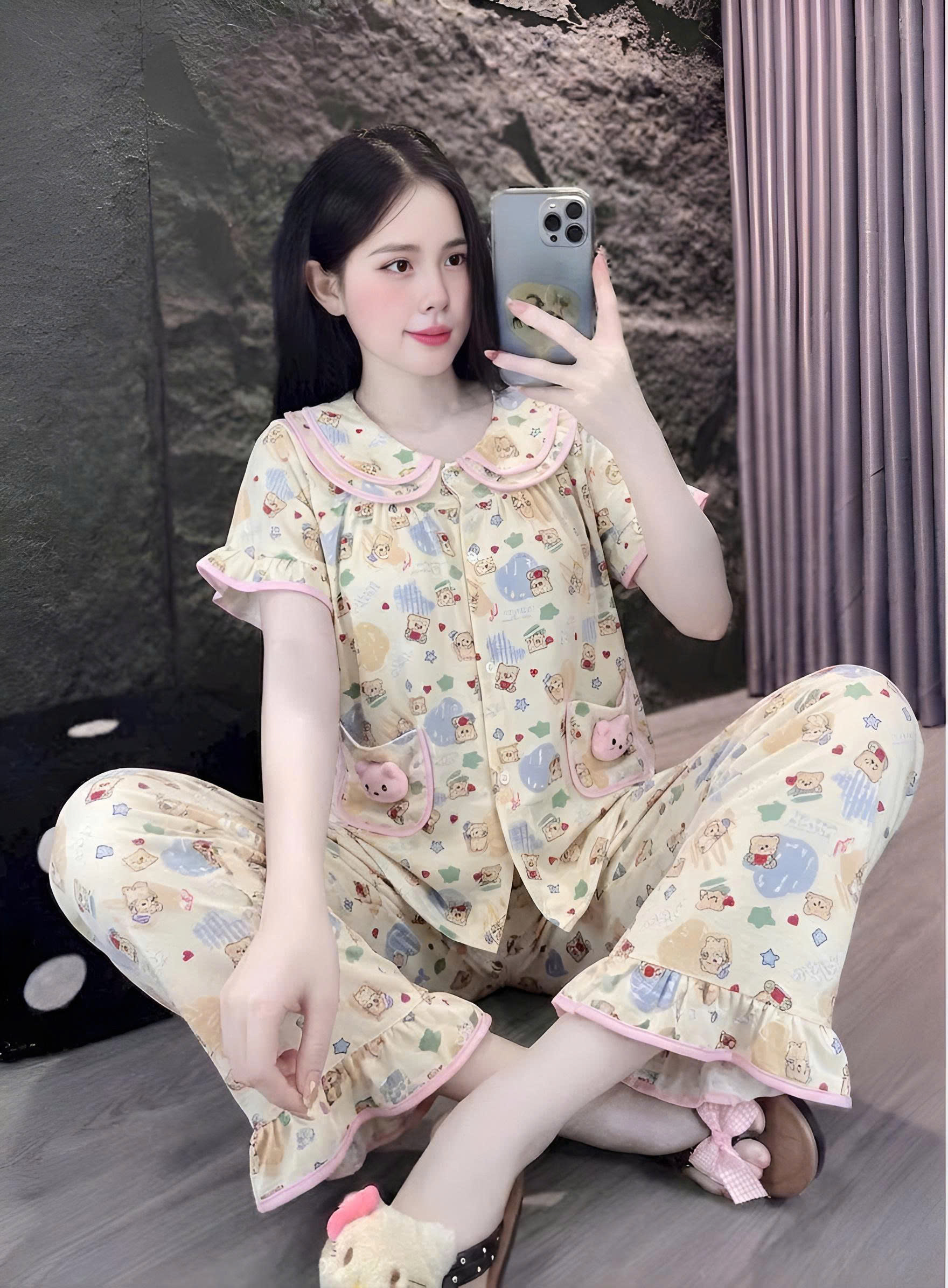 tay ngắn lụa đũi mềm gắn gấu