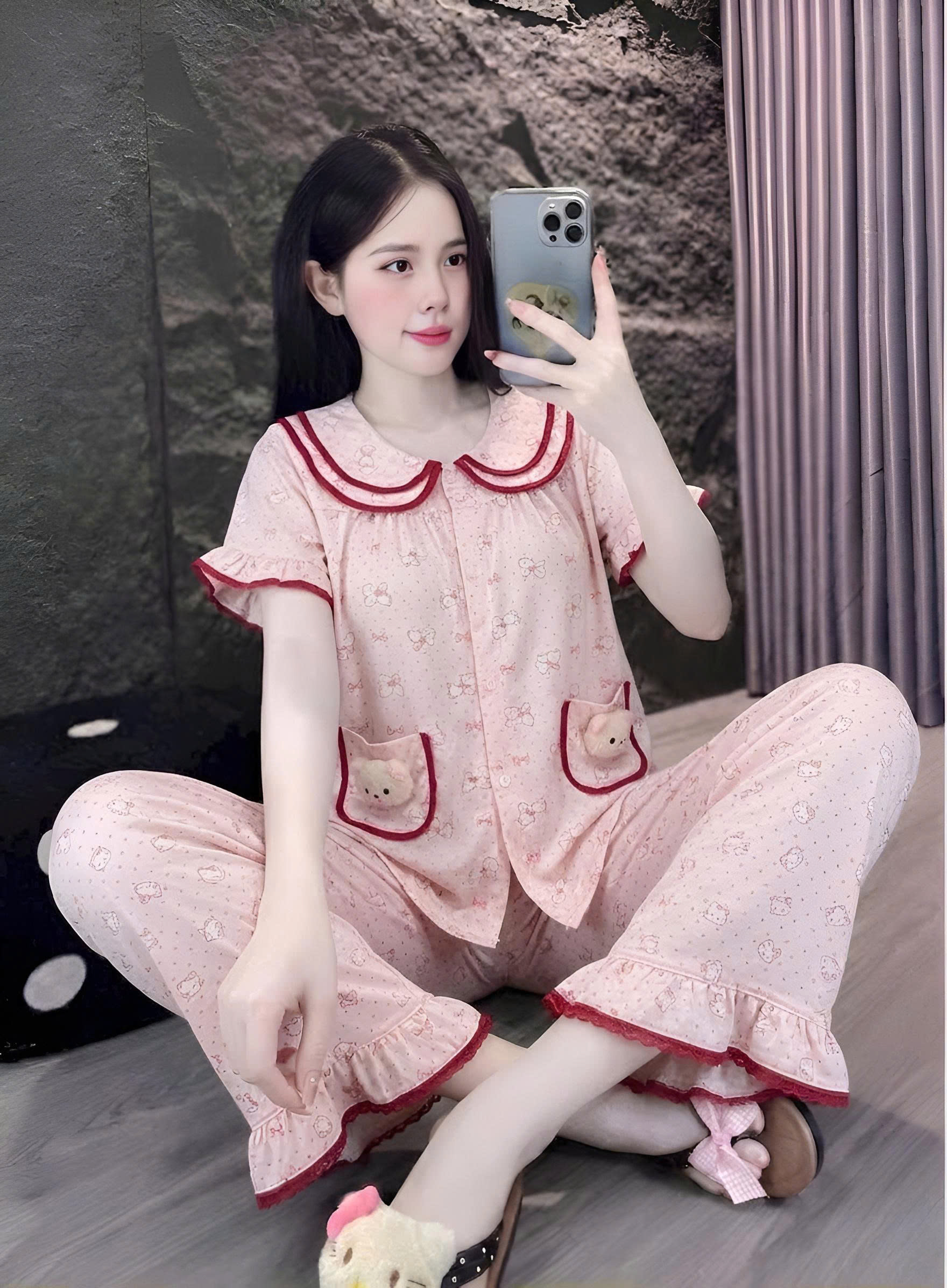 tay ngắn lụa đũi mềm gắn gấu