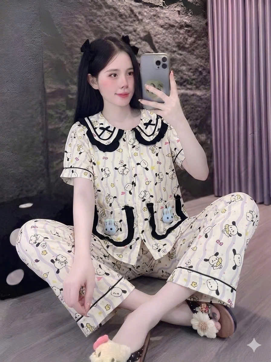 tay ngắn lụa đũi mềm gắn gấu