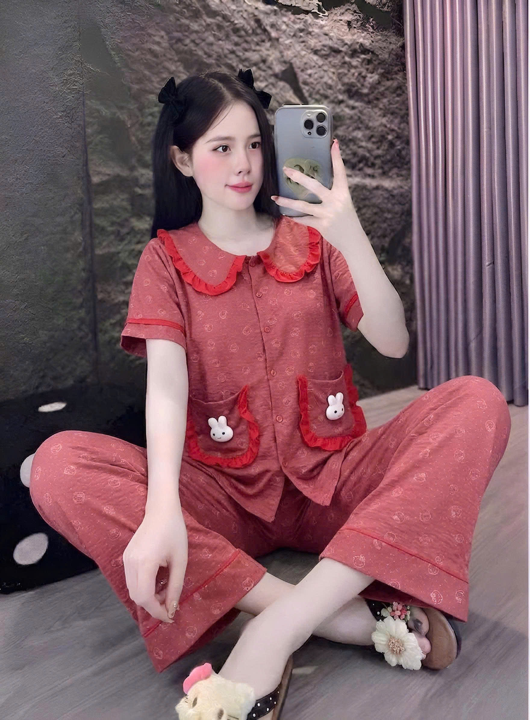 tay ngắn lụa đũi mềm gắn gấu
