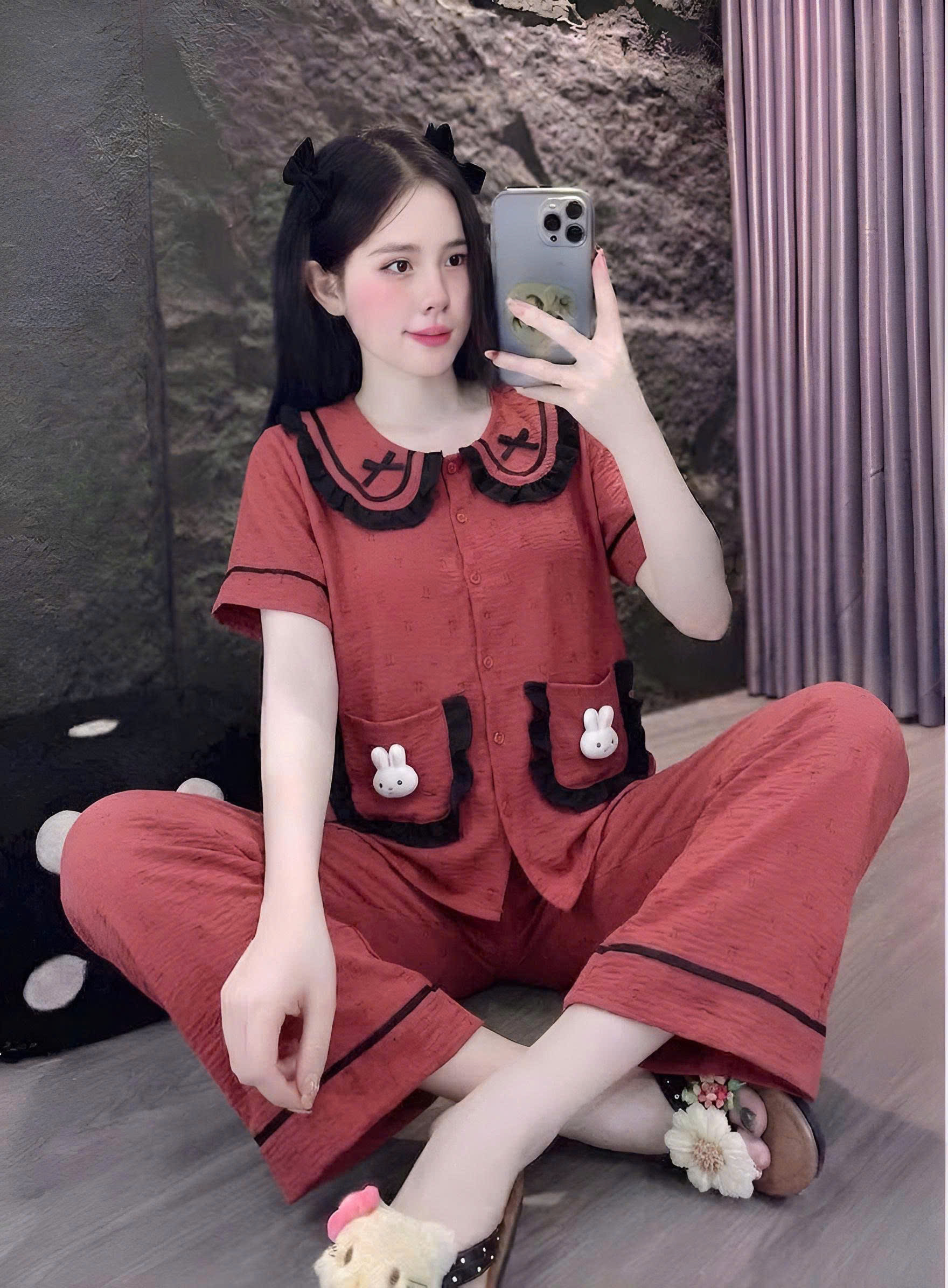 tay ngắn lụa đũi mềm gắn gấu