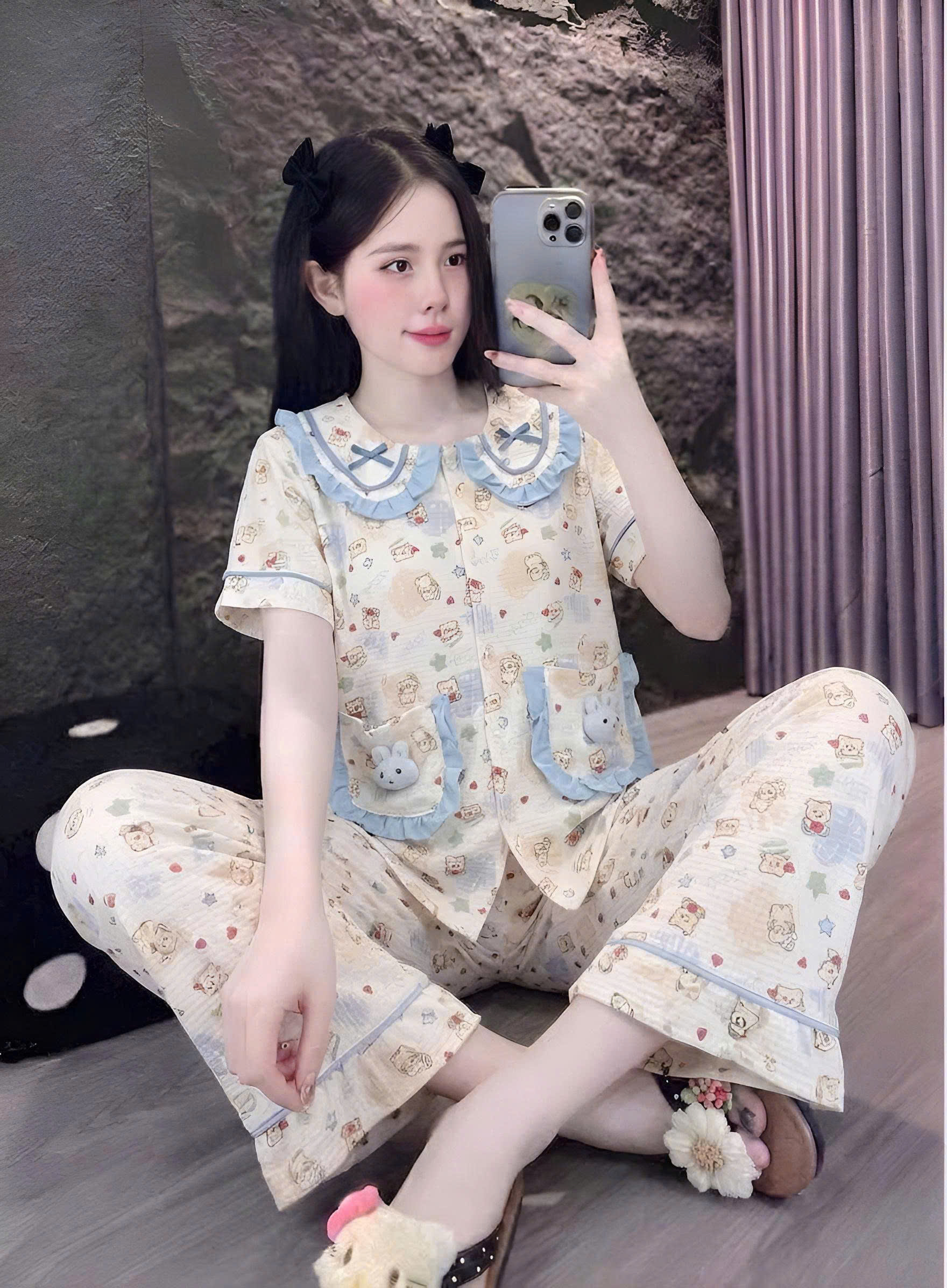 tay ngắn lụa đũi mềm gắn gấu