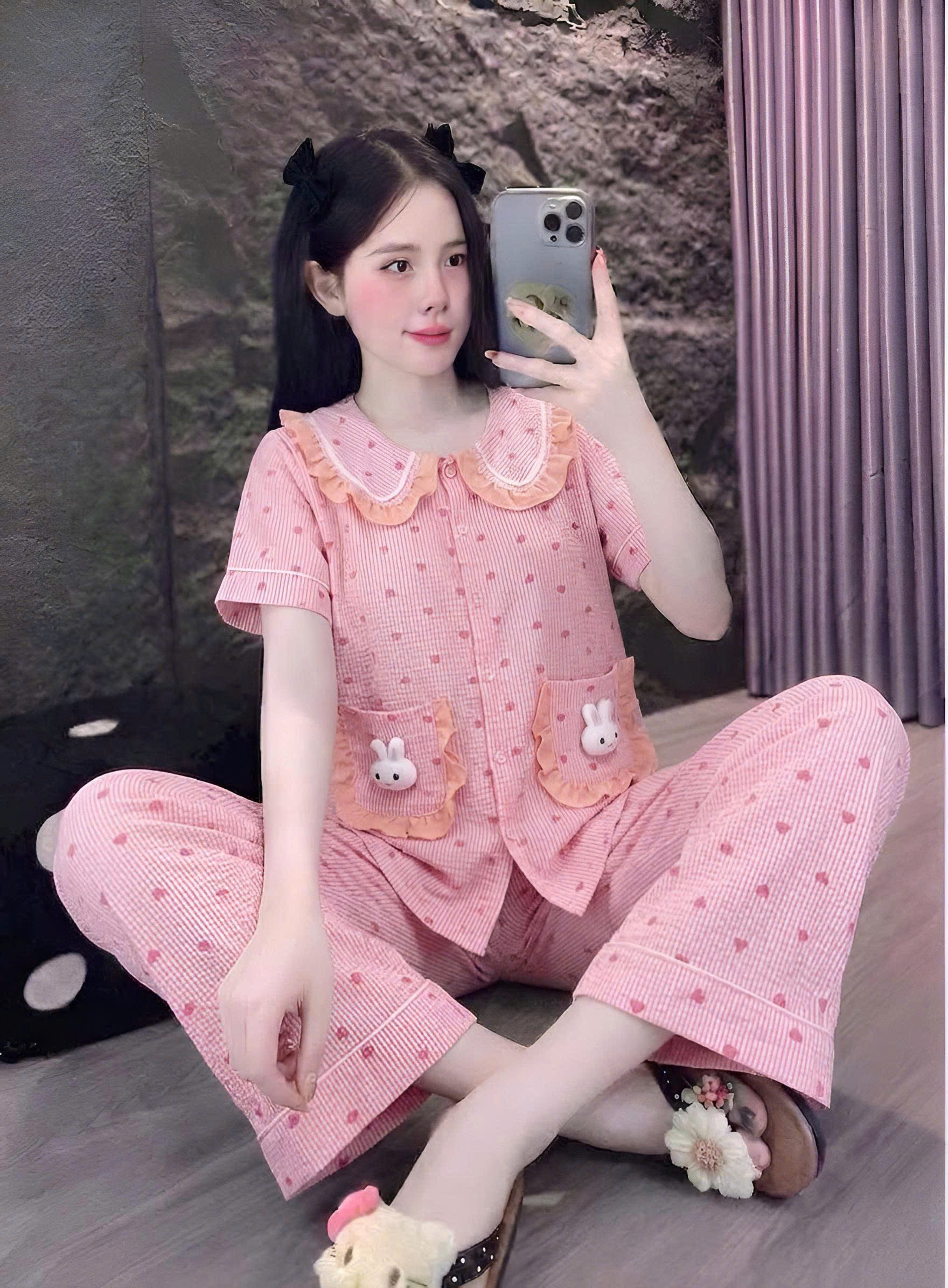 tay ngắn lụa đũi mềm gắn gấu