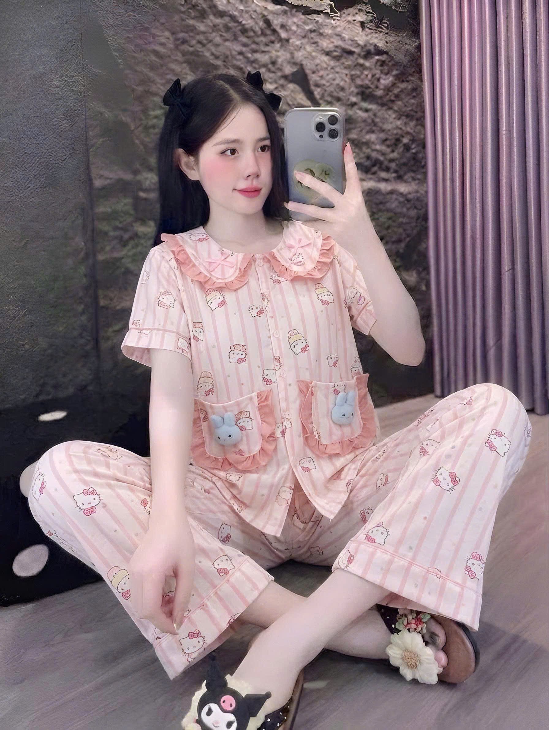 tay ngắn lụa đũi mềm gắn gấu
