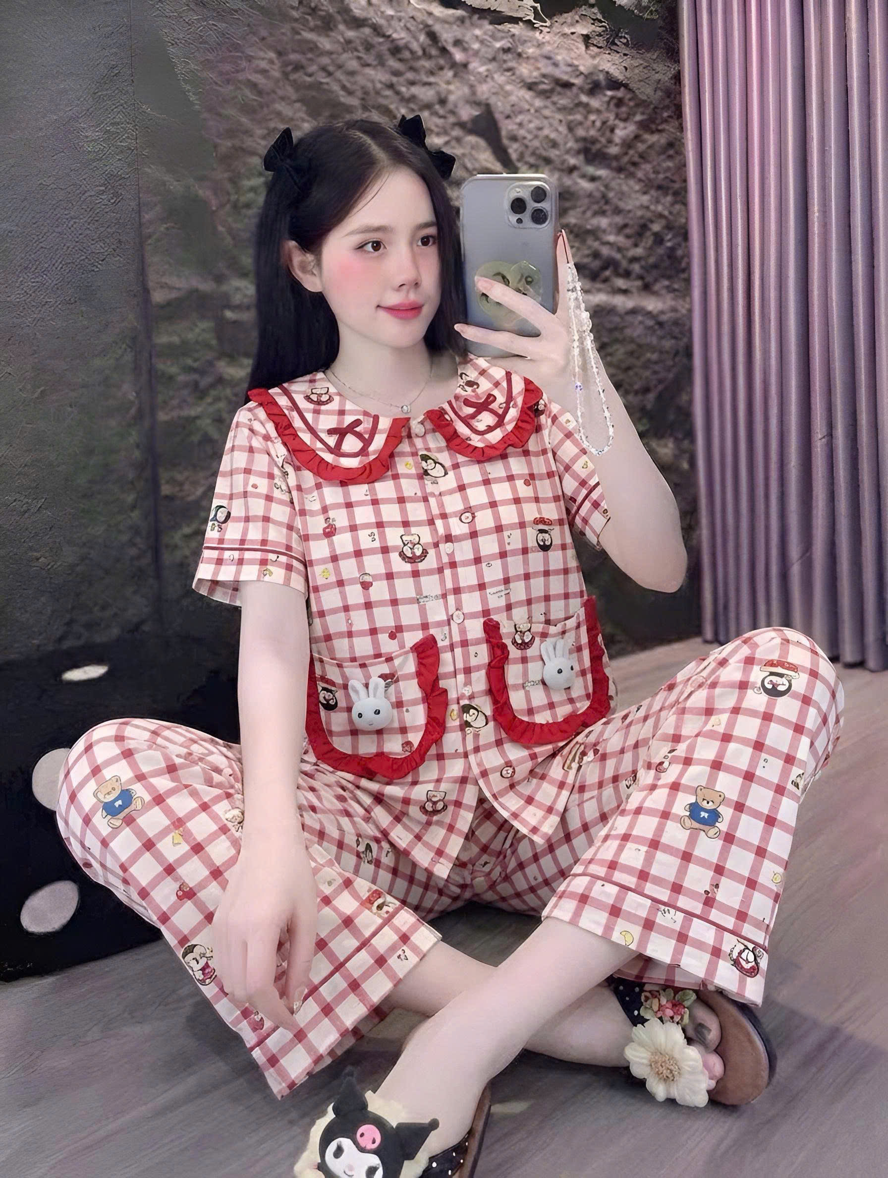 tay ngắn lụa đũi mềm gắn gấu