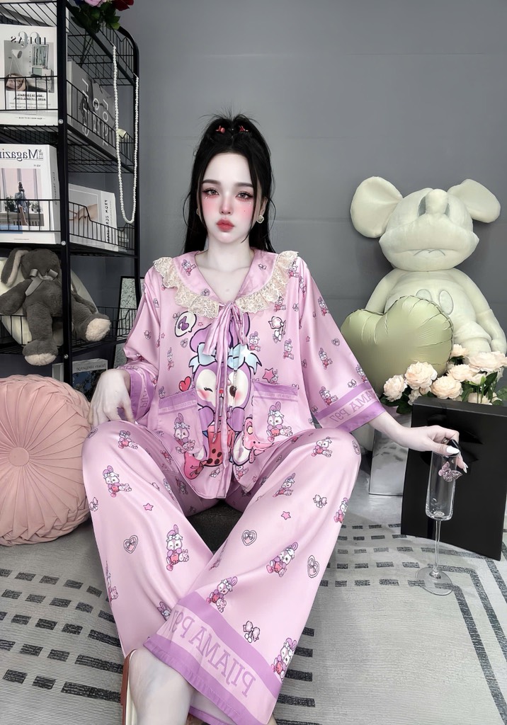 Đồ bộ tay lững phối ren lụa latin size dưới 60kg