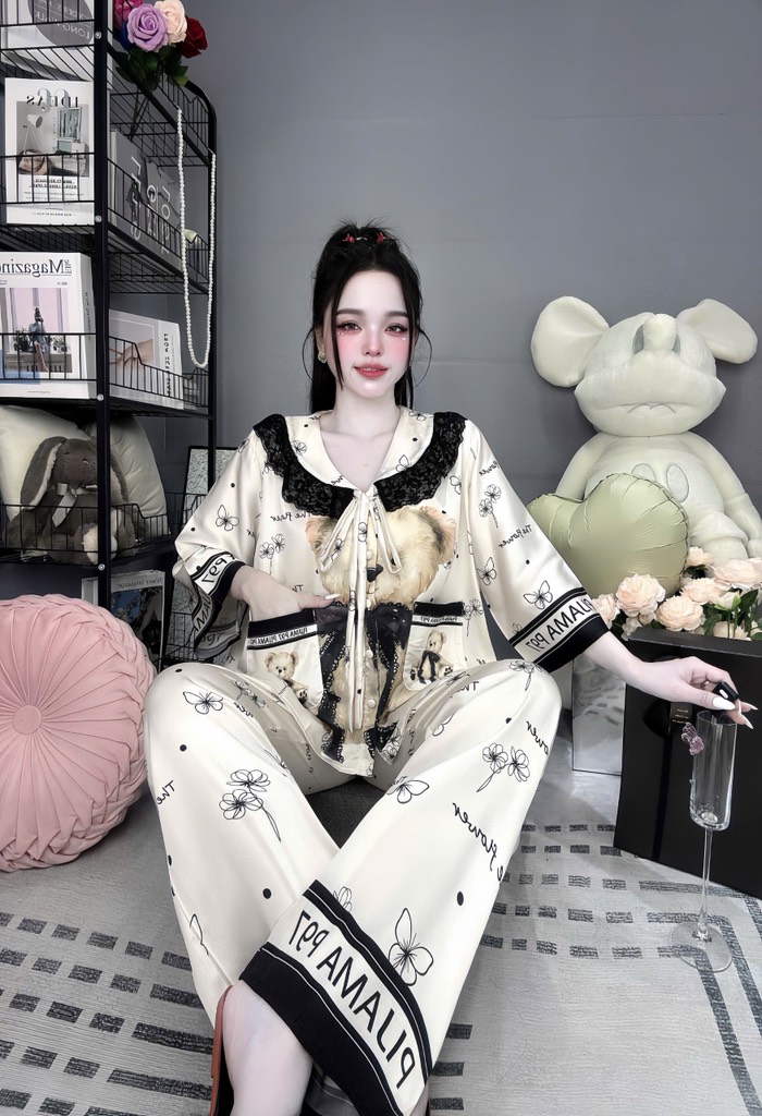 Đồ bộ tay lững phối ren lụa latin size dưới 60kg