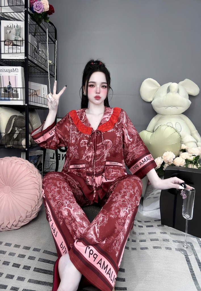 Đồ bộ tay lững phối ren lụa latin size dưới 60kg