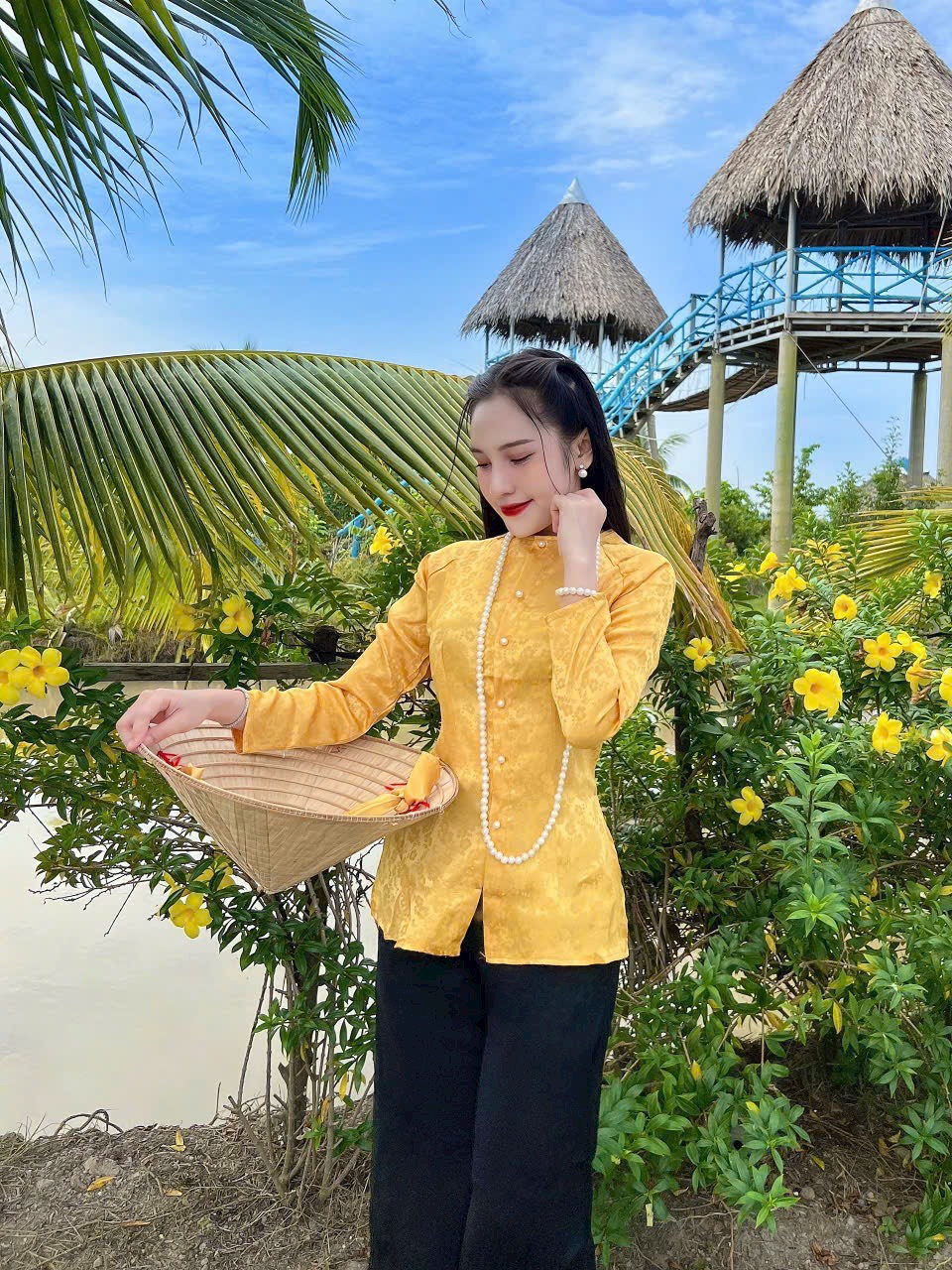 Đồ lam thanh lịch áo gấm quần lụa cao cấp