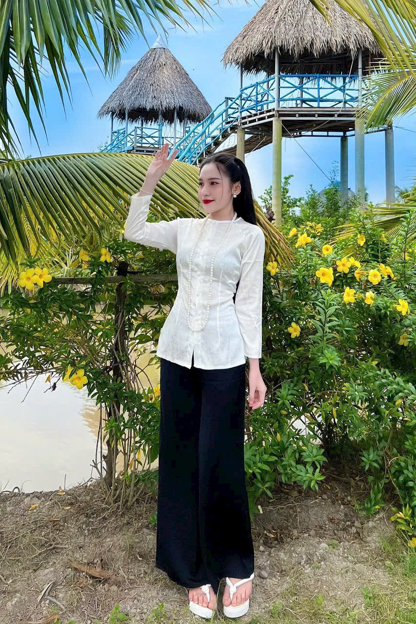 Đồ lam thanh lịch áo gấm quần lụa cao cấp