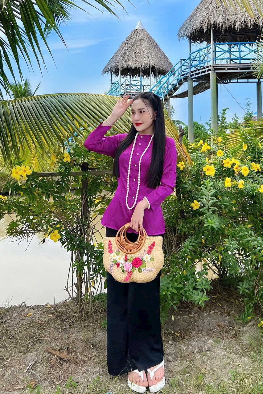 Đồ lam thanh lịch áo gấm quần lụa cao cấp