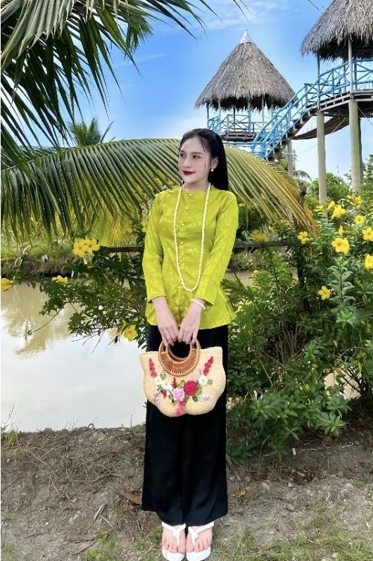Đồ lam thanh lịch áo gấm quần lụa cao cấp