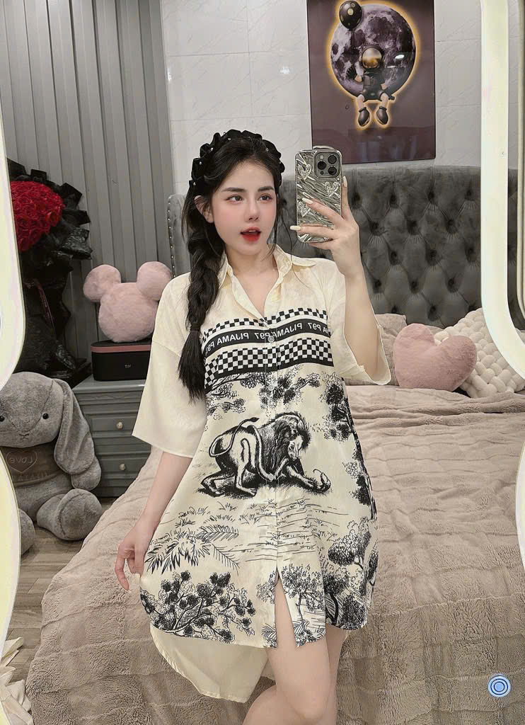 Đầm sơ mi lụa xước mềm mịn