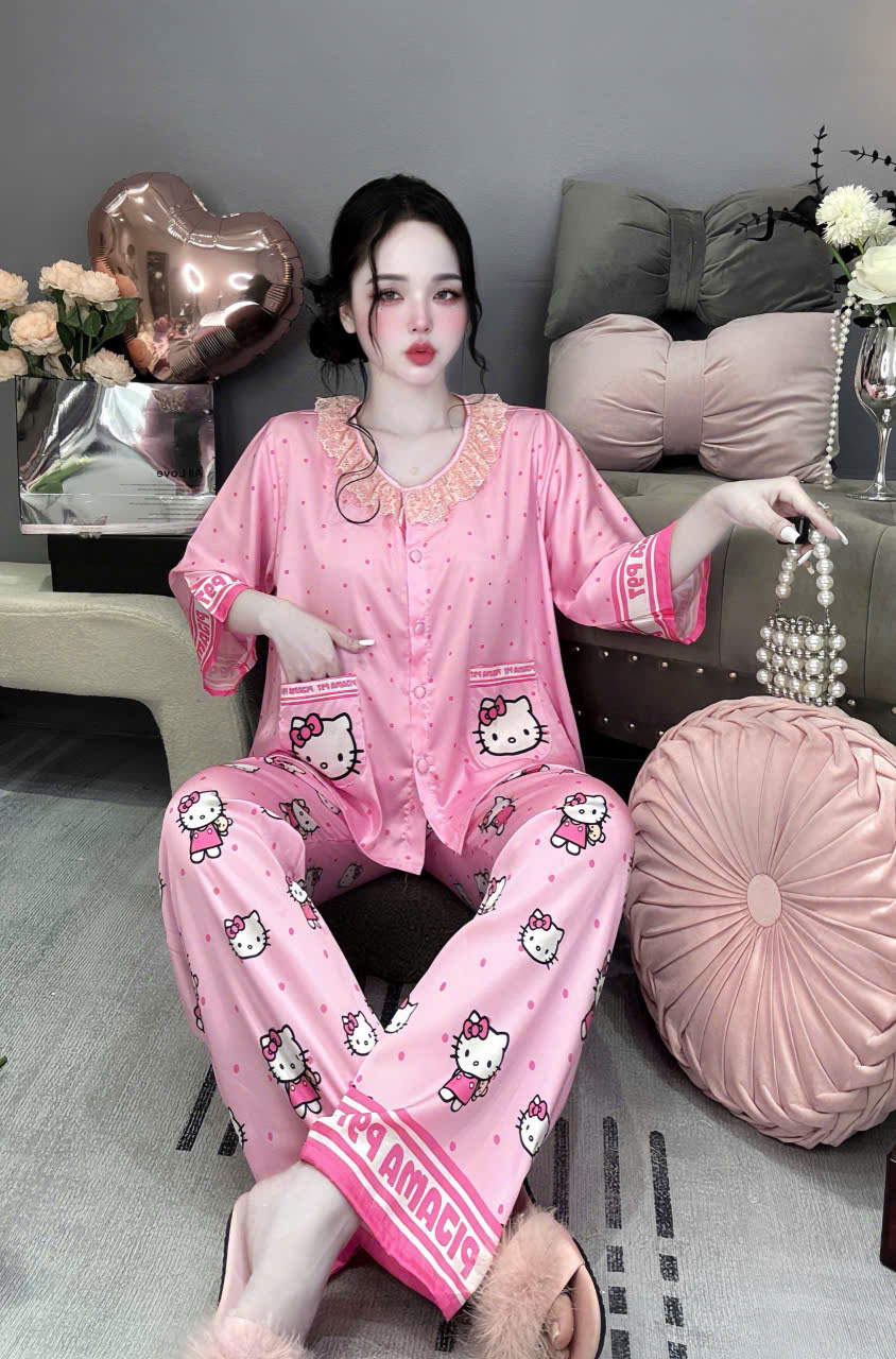 Đồ bộ tay lững cổ tròn lụa latin phối ren
