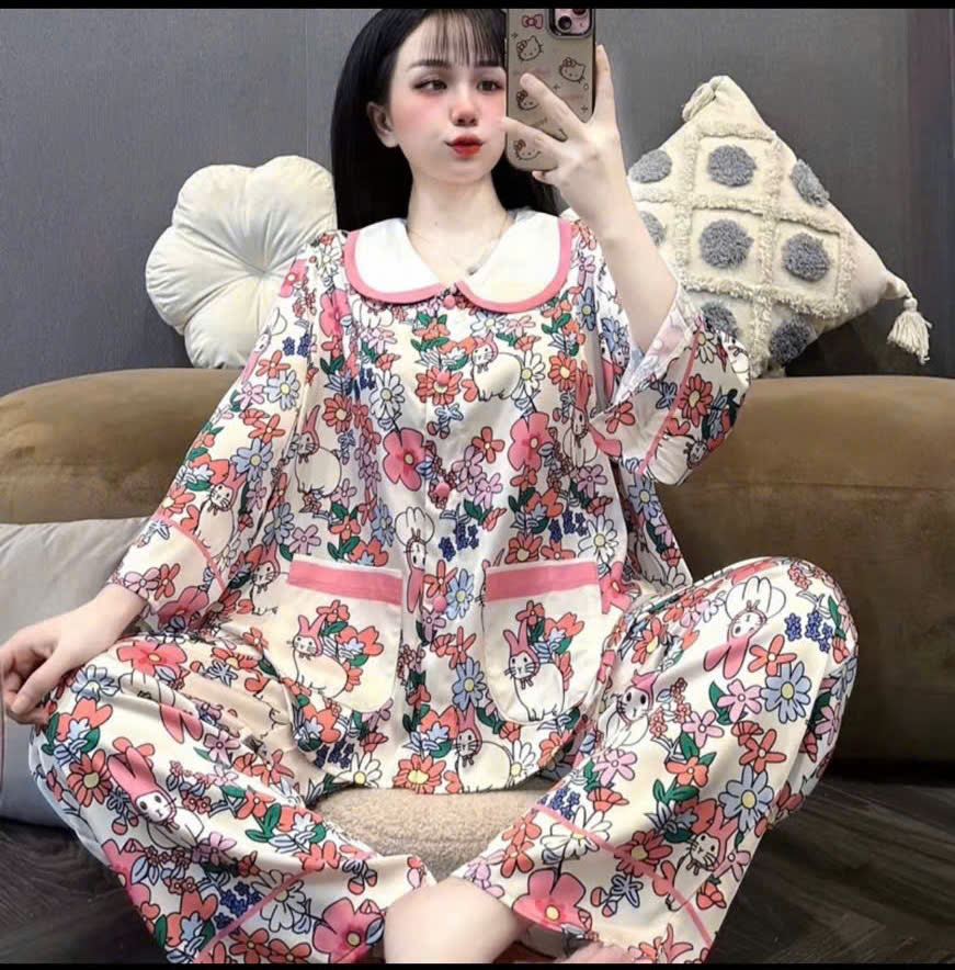 Đồ bộ tay lững cổ sen lụa latin