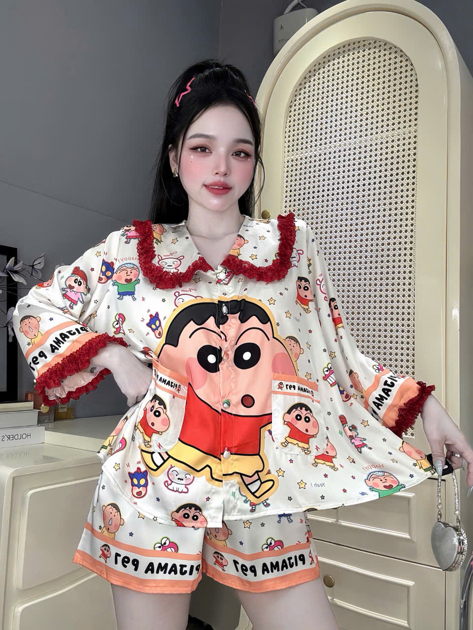 Đồ bộ đùi tay lững phối ren lụa latin