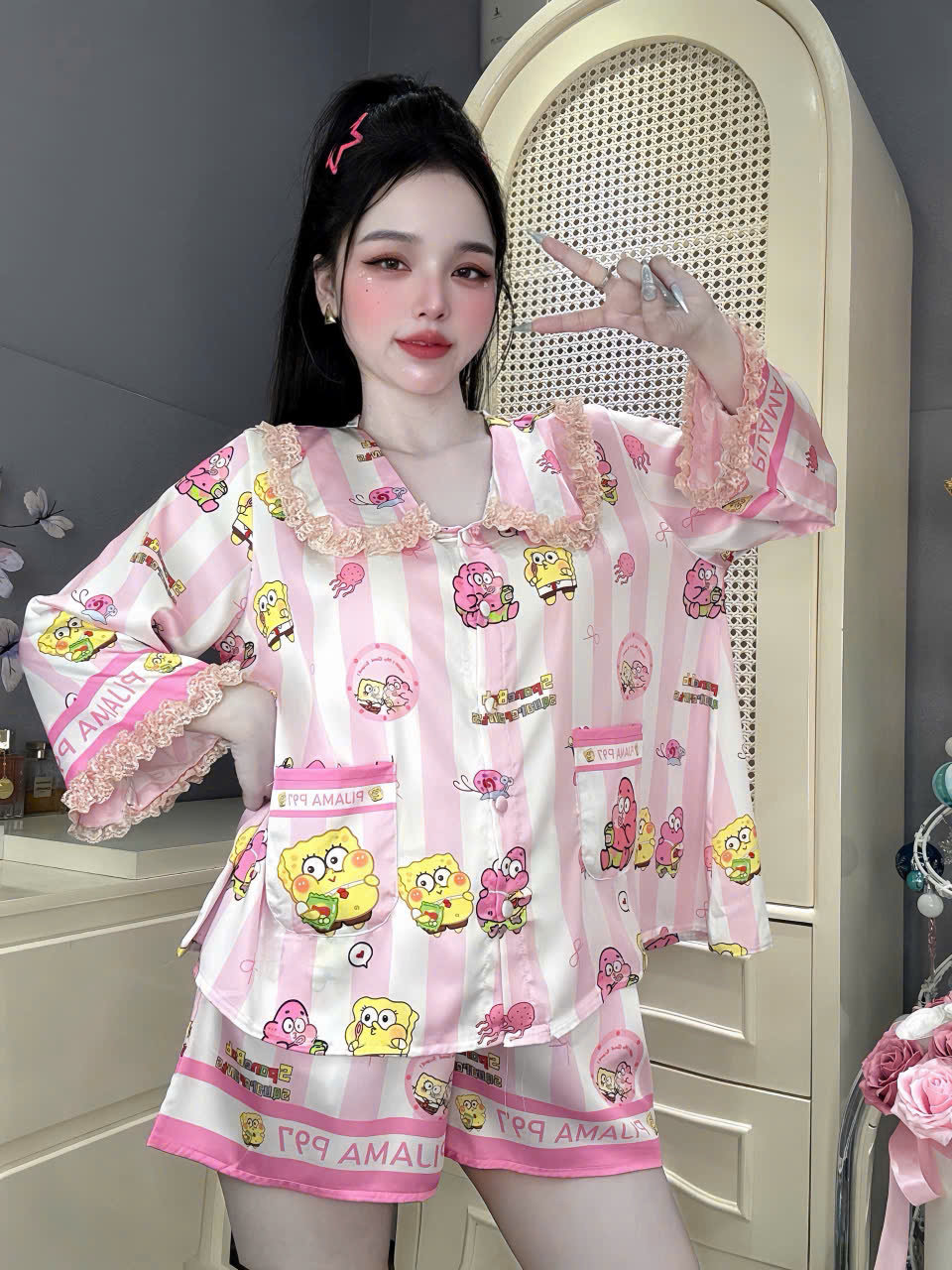 Đồ bộ đùi tay lững phối ren lụa latin