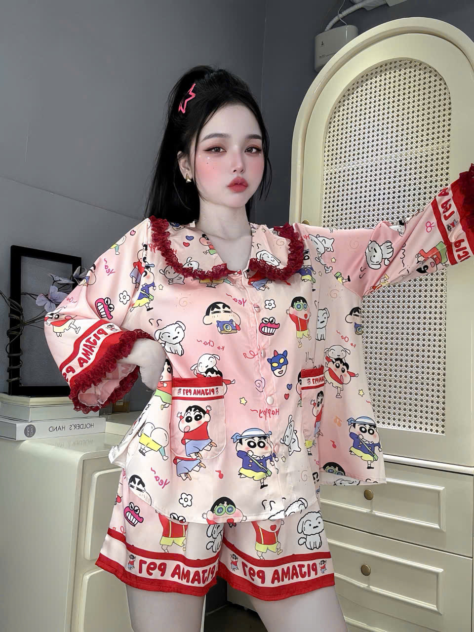 Đồ bộ đùi tay lững phối ren lụa latin
