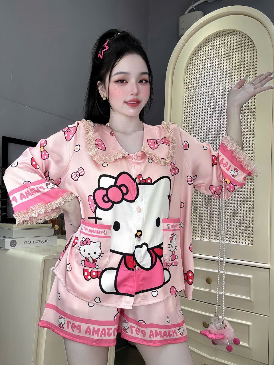 Đồ bộ đùi tay lững phối ren lụa latin