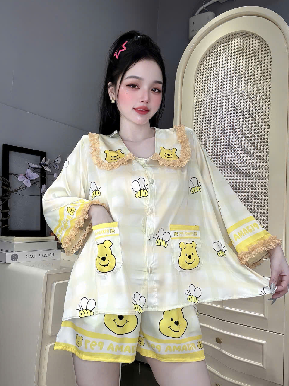 Đồ bộ đùi tay lững phối ren lụa latin