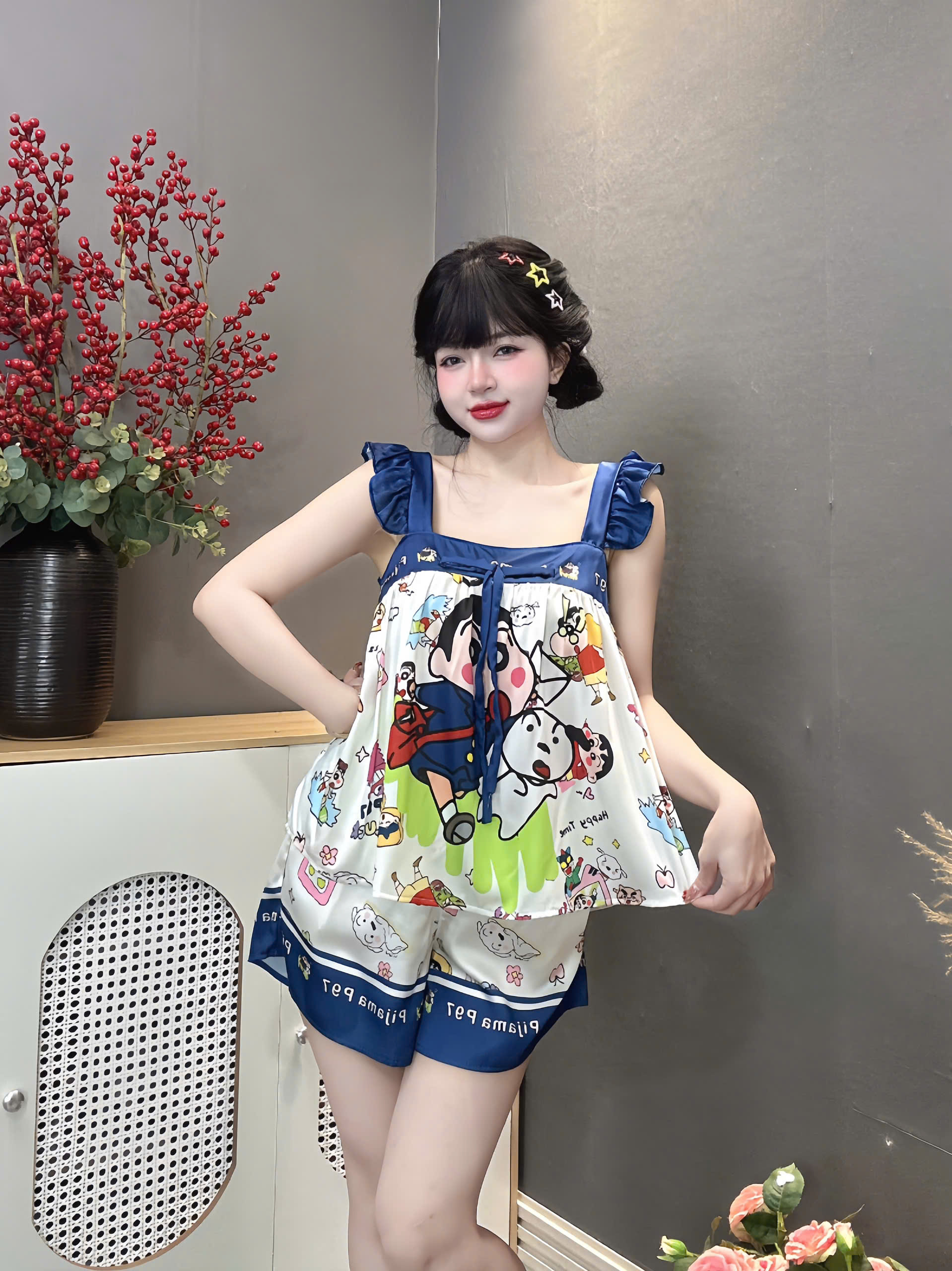 Đồ bộ đùi hai dây cánh tiên lụa latin size dưới 60kg