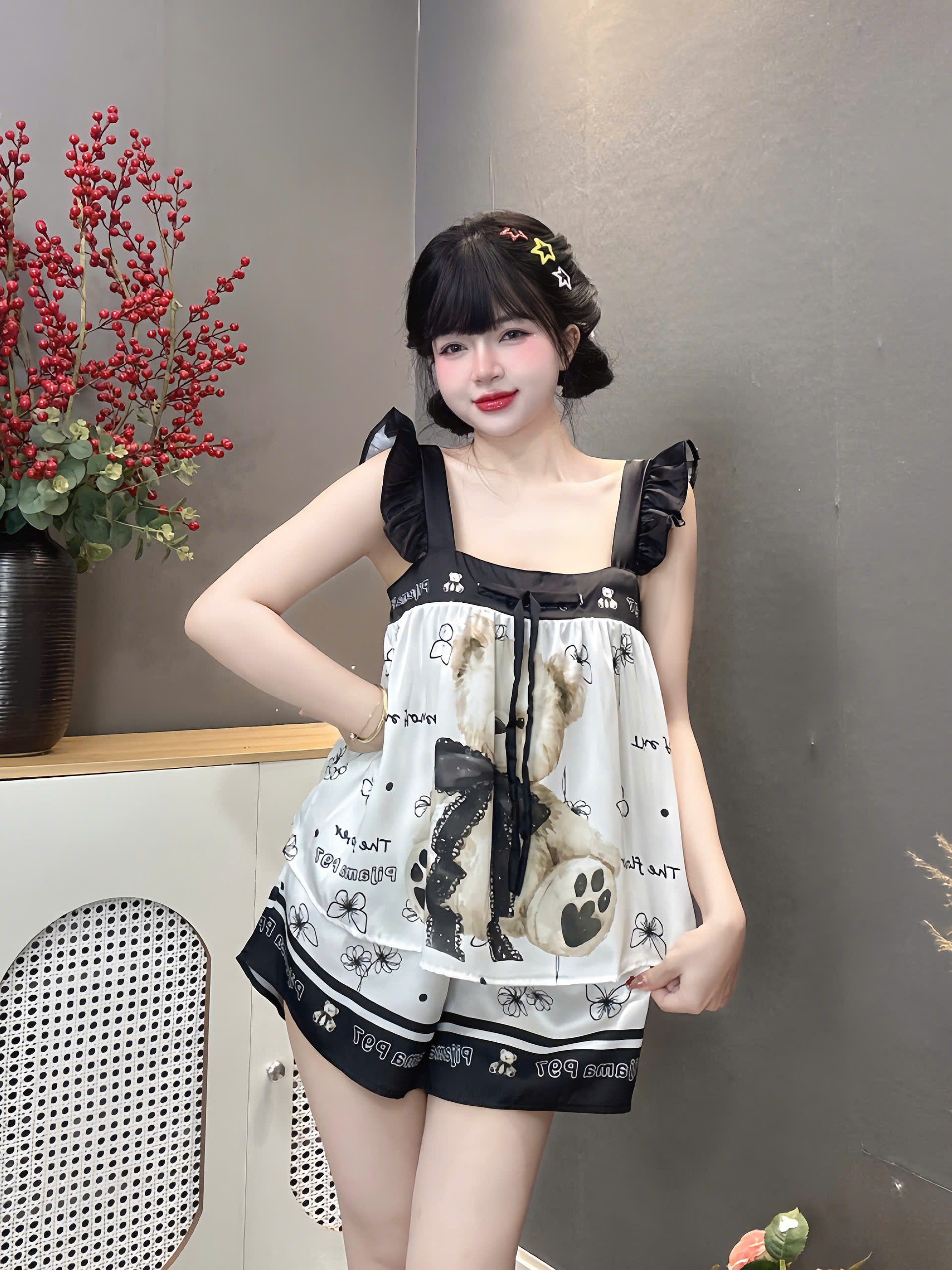 Đồ bộ đùi hai dây cánh tiên lụa latin size dưới 60kg
